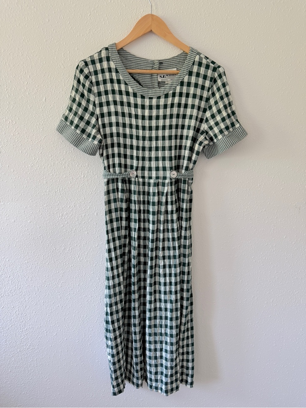 Vintage S.L. Petites Gingham Check Midi Dress Size 16 Green Cottagecore 90s